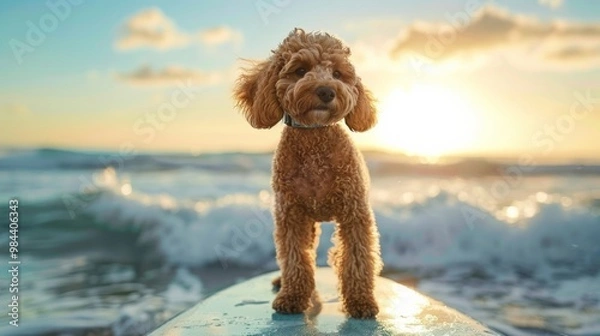 Fototapeta Playful Dog in Sunset Waves: A Happy Poodle Surfs the Ocean