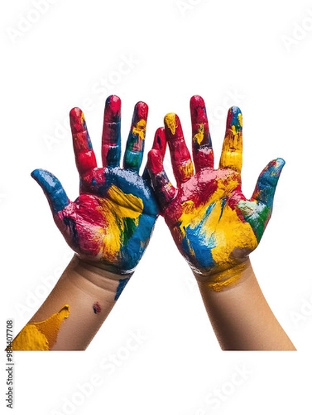 Fototapeta Hands painted with different colors, isolated on a white background. PNG transparent.