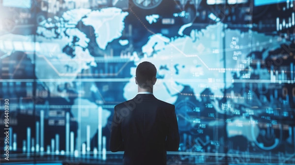 Fototapeta Businessman silhouette facing large world map with financial data overlay. Global economy and market analysis concept, with a dark leader with his back turned controlling geostrategy and geopolitics