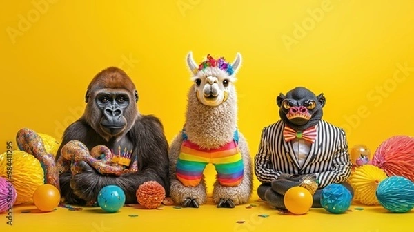 Fototapeta A playful scene featuring a gorilla, llama, and monkey in colorful attire, surrounded by festive decorations.