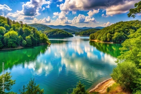 Obraz Norris Lake's serene waters are defined by crystal clarity, surrounded by lush tree-lined shores and views of majestic mountains, inviting relaxation and leisure activities.