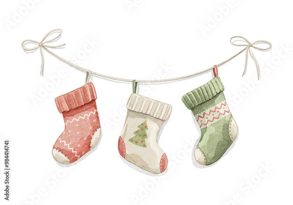 Fototapeta Watercolor set with three knitted winter Christmas stockings with various traditional colorful holiday ornaments hanging on rope isolated on white background. Hand drawn illustration sketch