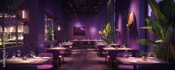 Fototapeta A contemporary dark violet exterior fusion restaurant, blending global cuisines in an innovative menu, set in a cosmopolitan area