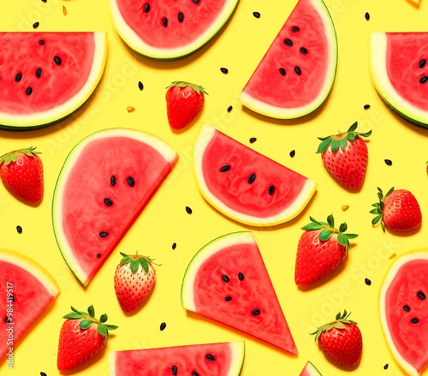 Fototapeta Watermelon and strawberry pattern, summer pattern, seamless yellow background