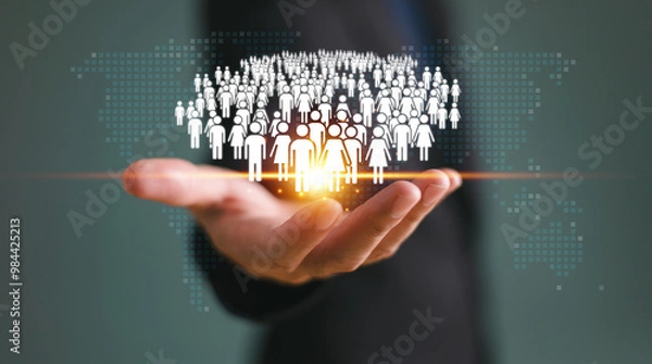 Obraz Population rate factor decline crisis concept. Increase birth rate infographic, fertility rate decrease control. Businessman hold population family icon with world map background. Demography statistic