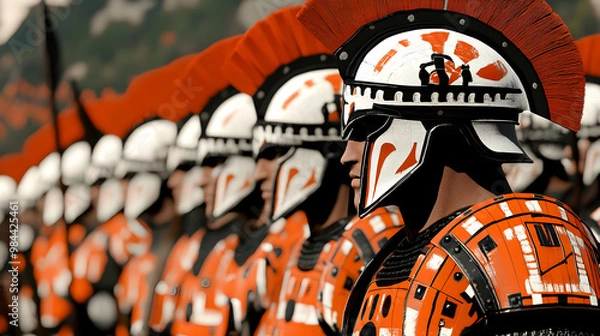 Fototapeta A Line of Warriors Wearing Ornate Red and White Armor with Spiked Helmets Stand in Formation