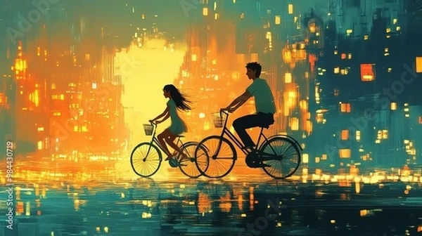 Fototapeta A vibrant scene of two people biking through a glowing cityscape at dusk, capturing a sense of adventure and freedom.