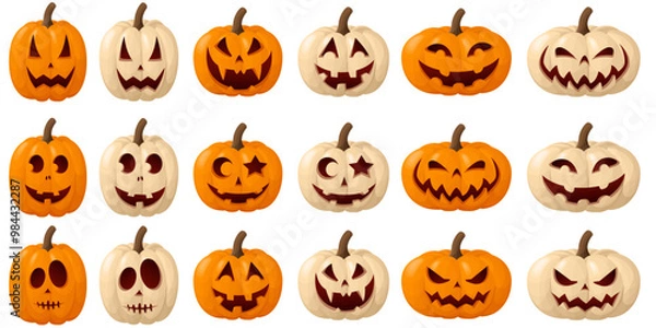 Fototapeta Halloween Pumpkin Set of different shape and colors. Smiling cartoon lantern faces. Helloween holiday characters. Vector 3d illustration isolated on transparent background