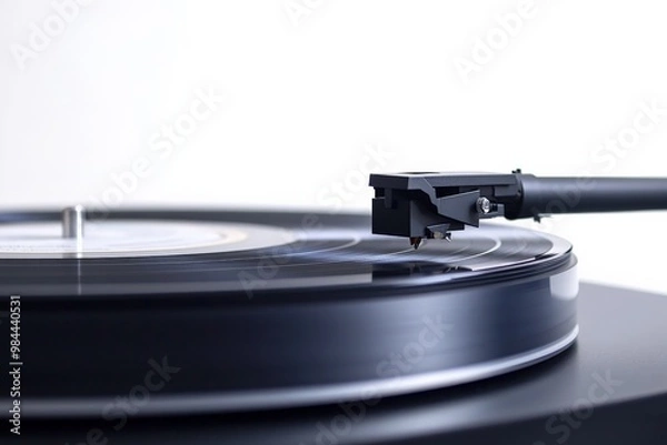 Fototapeta A minimalist close-up image of a turntable needle resting on a vinyl record, emphasizing the simplicity and beauty of analog music and the tactile experience of record playing.