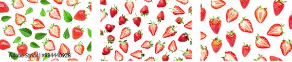Fototapeta Collection of strawberries with half slices pattern from flat view isolated on white or transparent background