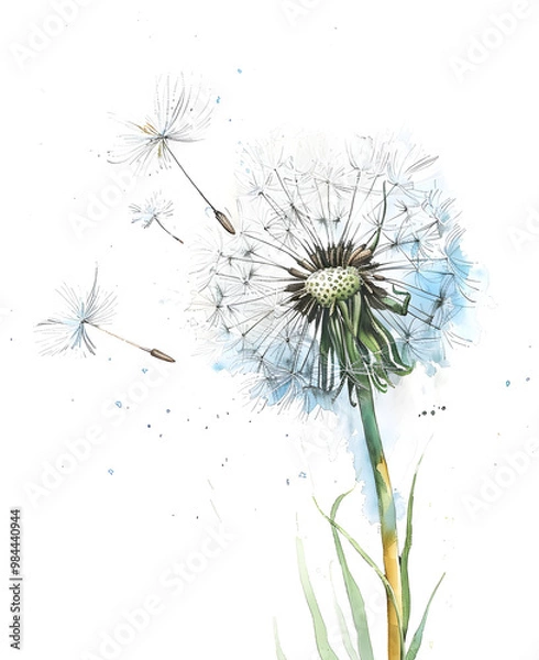 Fototapeta watercolor illustration of dandelions fluttering in the wind close up on a white background