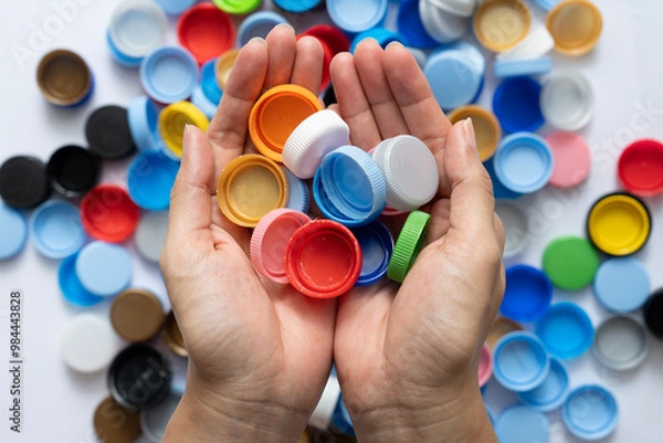 Fototapeta woman hand holding plastic bottles caps for recycling to conserve the environment, Recycling, reuse, garbage disposal, save the world concpet.
