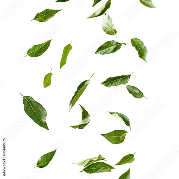Fototapeta Floating curry leaves in air, on white background