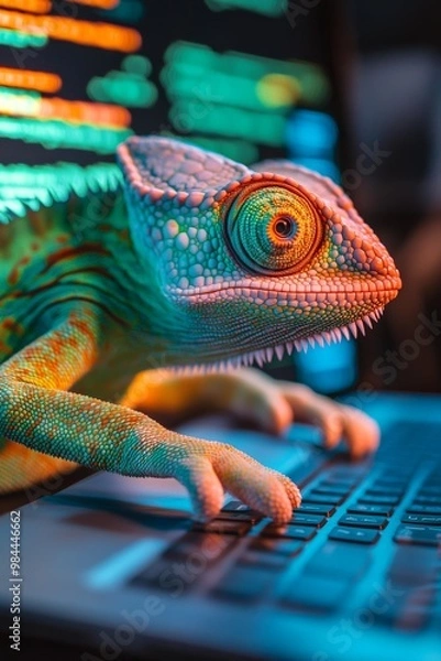 Obraz Chameleon at Coding Bootcamp with Colorful Laptop