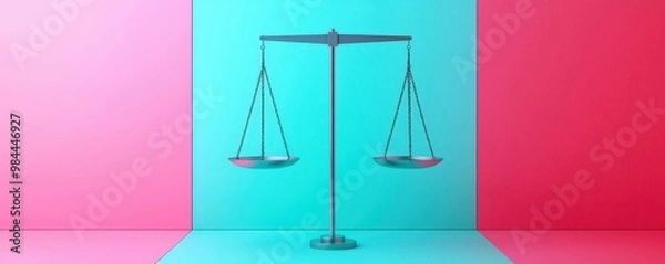 Fototapeta A balanced scale stands between vibrant pink and blue backgrounds, symbolizing fairness, justice, and equilibrium, Business and Market volatility concept.
