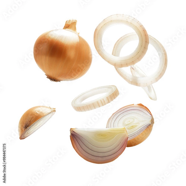 Obraz Floating onion rings with whole onion on white background