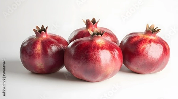 Fototapeta Realistic display of whole pomegranates on a white background, emphasizing their textured red skin and slightly glossy surface