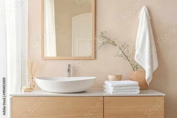Fototapeta A modern bathroom featuring a floating vanity with wooden elements, a vessel sink, large wall mirror, rolled towels, reed diffuser, and a vase with delicate flowers for decor.
