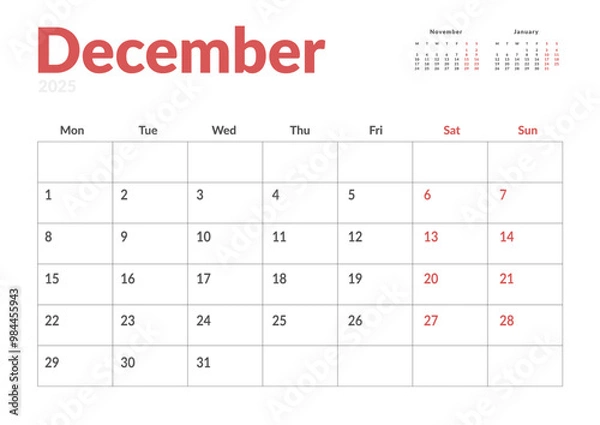 Fototapeta Monthly page Calendar Planner Template of December 2025. Vector layout of calendar with week start Monday for Scheduling. Page for size A4 or 21x29.7 cm