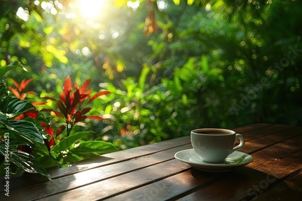 Fototapeta A serene coffee cup resting on a wooden table surrounded by lush greenery and sunlight.