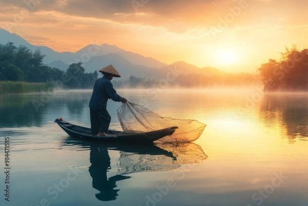 Fototapeta A fisherman balancing on a small boat while holding a fishing net during dawn, with misty mountains and serene waters in the background, symbolizing balance and calmness.
