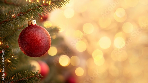 Obraz Shiny red christmas ball hanging on christmas tree close up, bokeh lights in background, copy space on right.