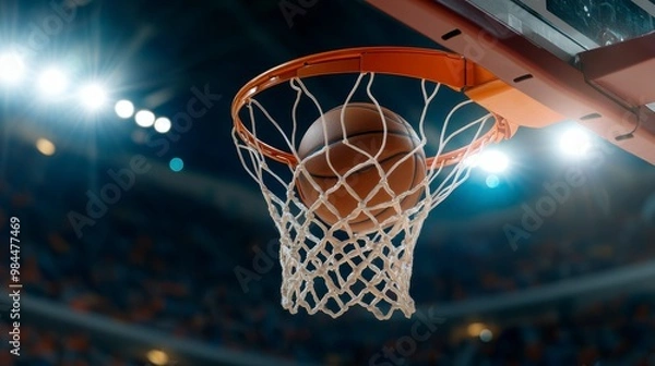 Fototapeta A basketball is about to enter a hoop during a game in a stadium.