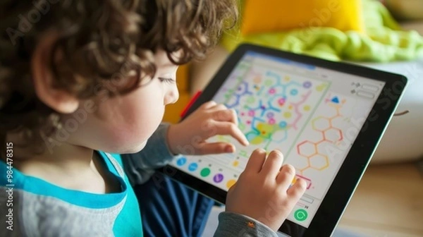 Obraz A child engages with a colorful educational app on a tablet.