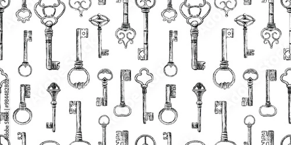 Fototapeta Seamless pattern of sketches different old keys, white background, paper,wallpaper, vector illustration