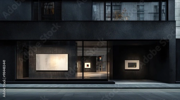 Fototapeta A modern minimalist art gallery with a dark charcoal facade, showcasing contemporary art pieces, located in a bustling cultural quarter