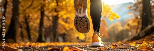 Obraz Autumn Jogging in Forest with Yellow Leaves