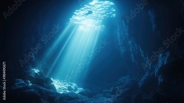 Fototapeta Underwater cave with light beams shining down from the surface.