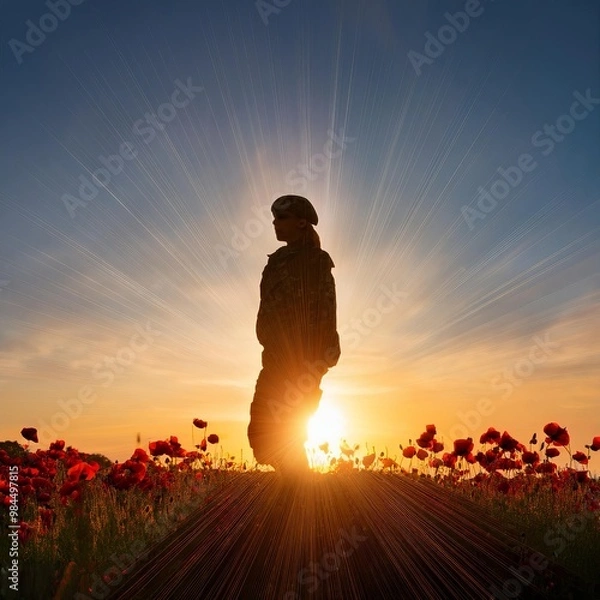 Obraz Soldier Silhouette in Sunset over Poppy Field
