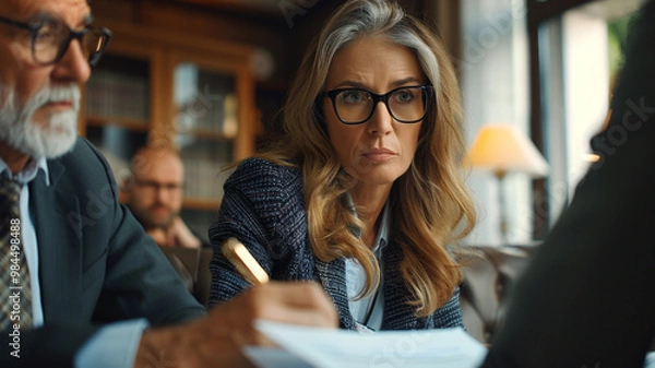 Fototapeta Businessmen sitting at desk headed by middle aged serious concentrated female in eyeglasses checking agreement document before signing it. Financial director ready affirm official paper with signature
