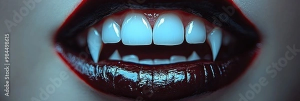 Fototapeta Close-Up of Female Vampire with Sharp Teeth