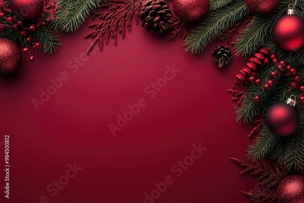 Fototapeta Minimalist Christmas Decorations on Bordeaux Background with Pine Cones and Ornaments