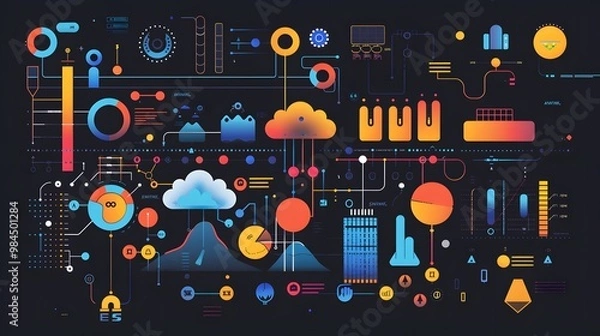 Obraz Create a modern infographic displaying icons and metrics for scalability, reliability, availability, and maintainability in a graphical layout 