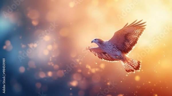 Fototapeta A soaring hawk in vibrant sunset light with a blurred background.