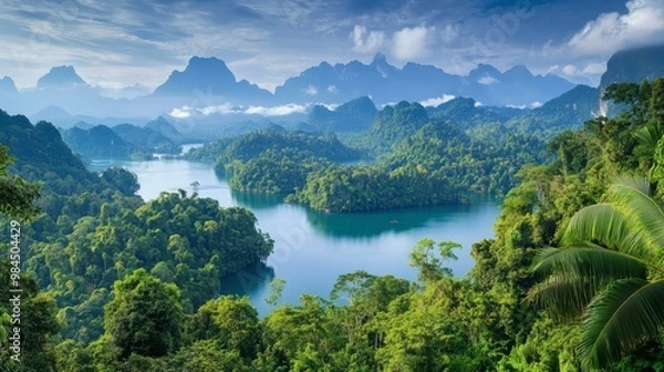 Fototapeta A scenic view of the lush landscapes of Khao Sok National Park, home to wildlife and dense rainforests.