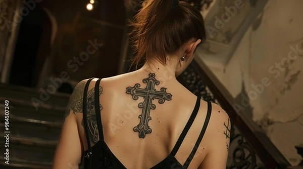 Fototapeta a female with a back cross tattoo, Generative AI.