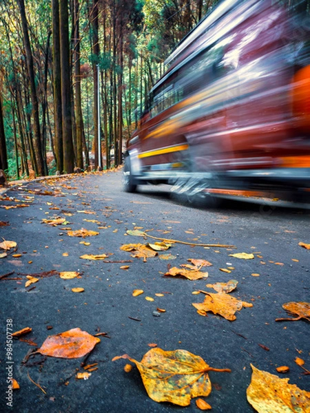 Fototapeta autumn leaves on the road with a passing car