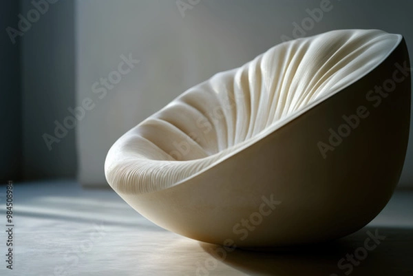 Fototapeta Empty white armchair with an organic shape standing on a concrete floor