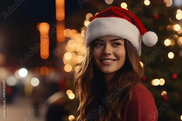 Fototapeta A beautiful woman with dark hair and brown eyes smiles in a New Year's hat. AI generative.