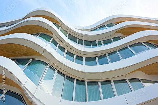 Fototapeta White building facade with curved balconies resembling waves, showcasing biophilic architectural design