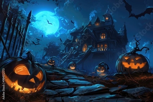 Fototapeta Spooky Halloween House with Jack-o'-Lanterns and Flying Bats Under a Blue Moon