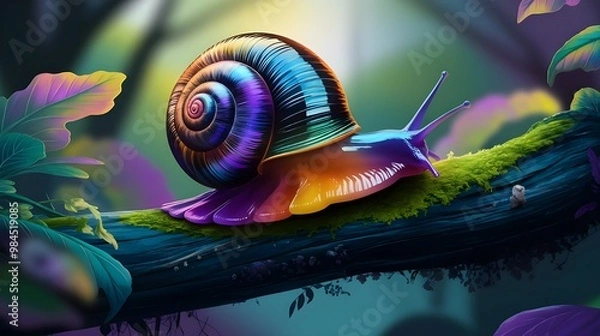 Fototapeta The image shows a brightly colored snail on a leaf. Its shell has shiny blue and orange colors, making it eye-catching. .Generative AI	