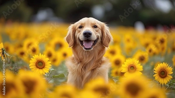 Fototapeta Golden Retriever Smiles Amidst a Field of Sunflowers, Capturing the Essence of Summer Joy