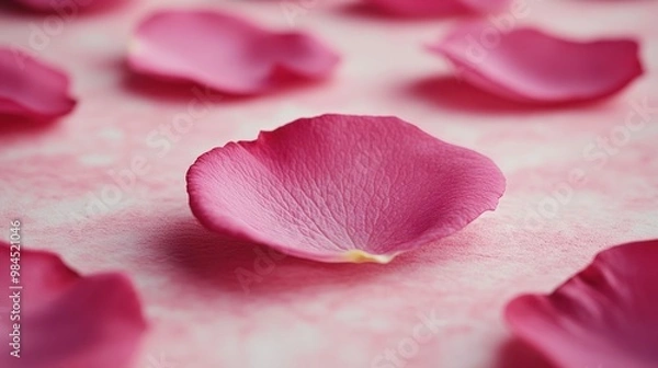 Fototapeta Soft pink rose petals lay scattered, creating an elegant and romantic atmosphere