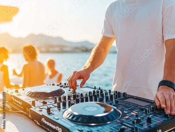 Fototapeta A DJ performs at sunset, mixing music with vibrant energy on a boat, surrounded by a lively crowd enjoying the summer vibe.