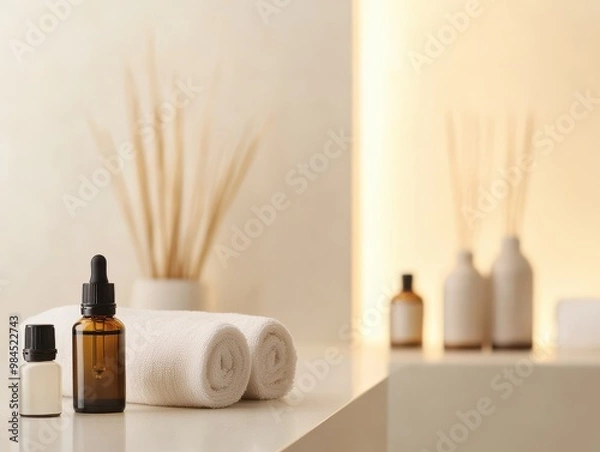 Fototapeta A calming spa setup featuring essential oils, aromatic decor, and neatly rolled towels, perfect for relaxation and self-care.